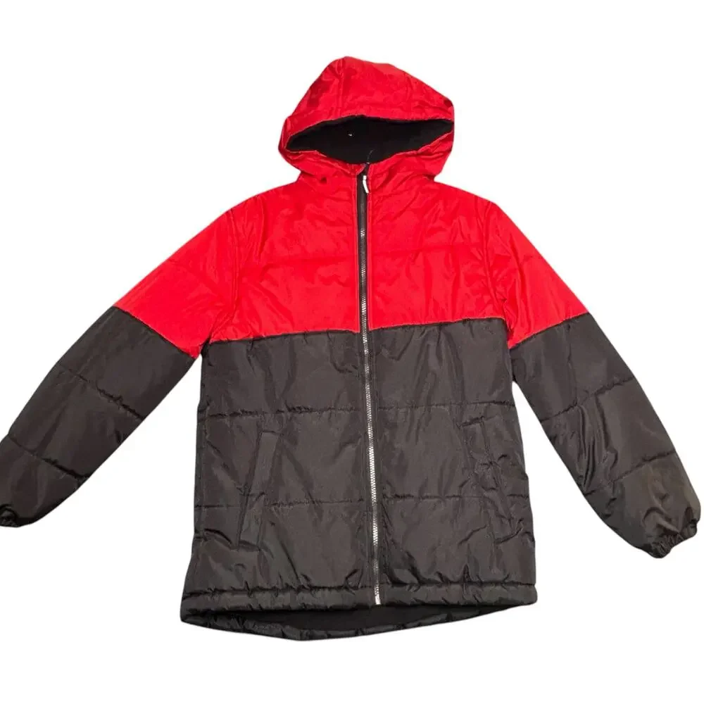 Whales Tail Red Black Hooded Puffer Jacket Coat Youth 14/16 Fleece Lined Warm